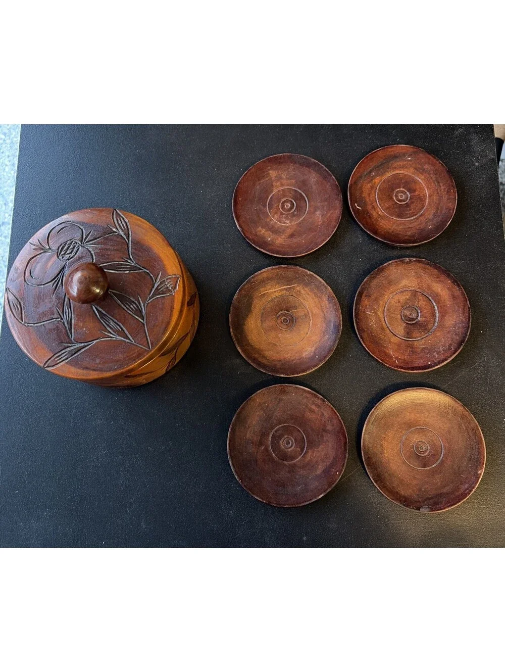 Vintage Wood Coasters set of 6 Round Box & Lid Hand Carved